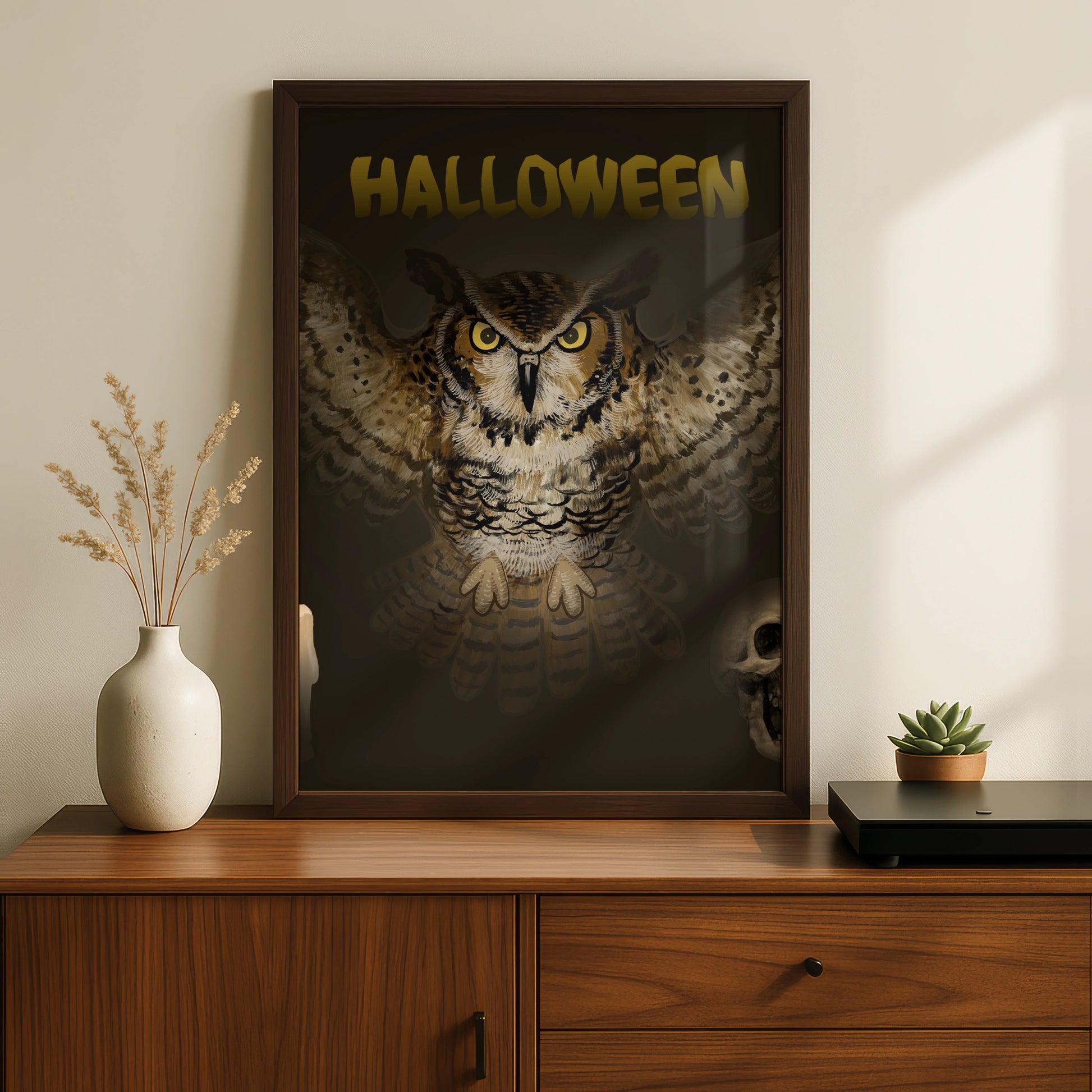 Halloween Owl Poster, Spooky Owl Wall Art, Dark Gothic Print, Skull Candle Decor