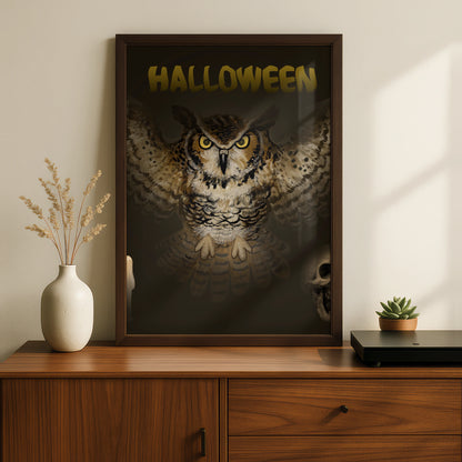 Halloween Owl Poster, Spooky Owl Wall Art, Dark Gothic Print, Skull Candle Decor
