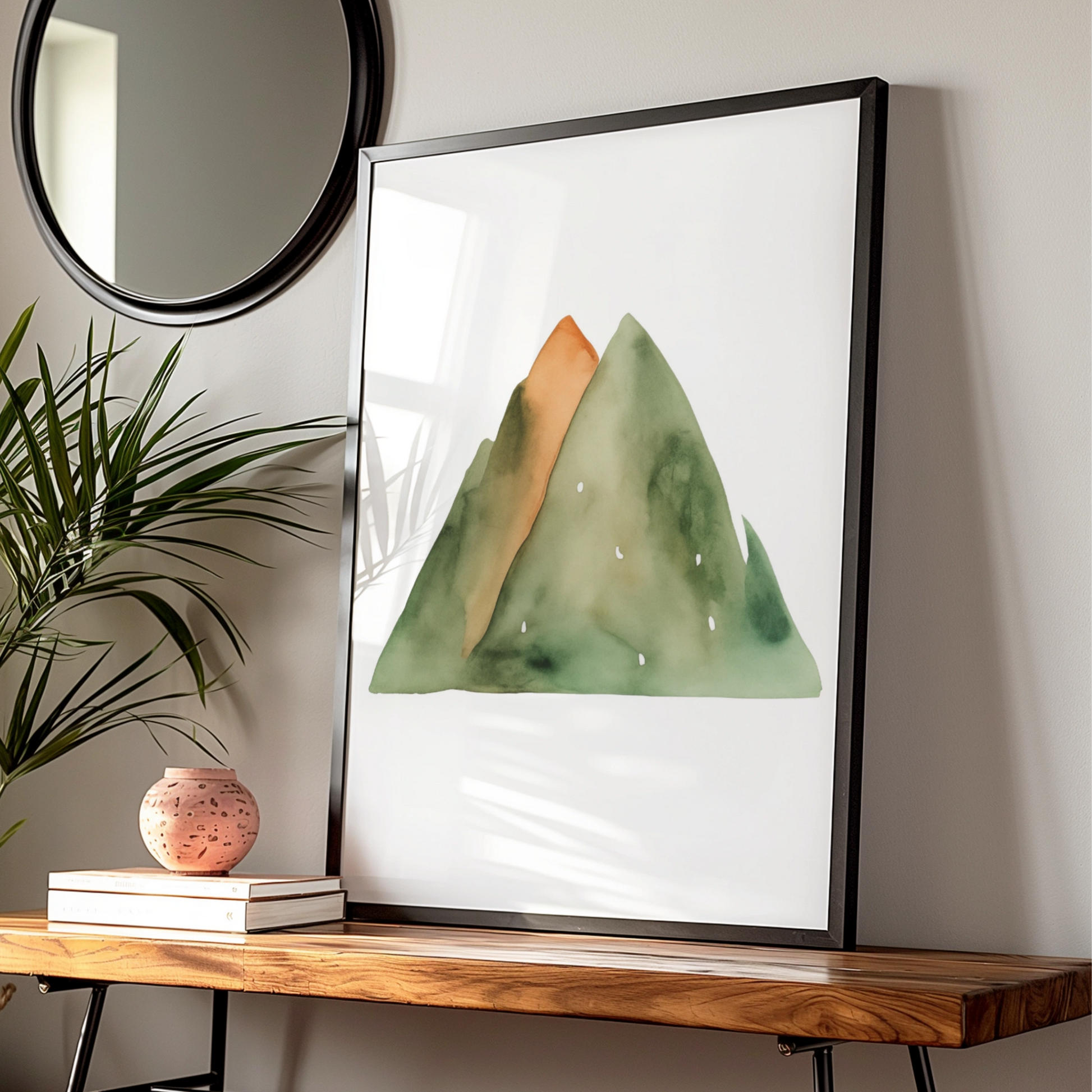 Watercolour Mountain Nursery Wall Art, Green Orange Nature Print, Kids Room Poster