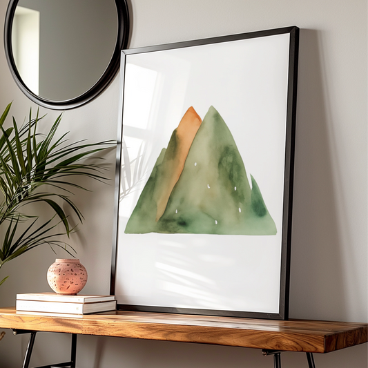Watercolour Mountain Nursery Wall Art, Green Orange Nature Print, Kids Room Poster