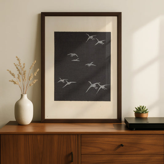 Japanese Wall Art Flying Cranes, Vintage Woodblock Print, Minimalist Bird Poster, Japandi Decor – A5 Black frame
