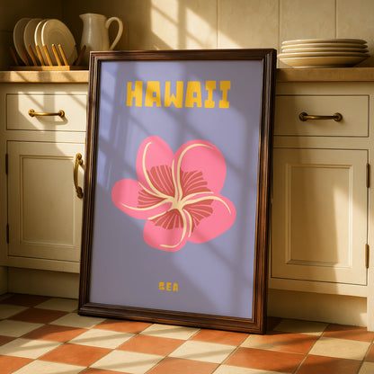 Hawaii Travel Poster, Tropical Flower Wall Art, Retro Hawaii Print, Plumeria Decor