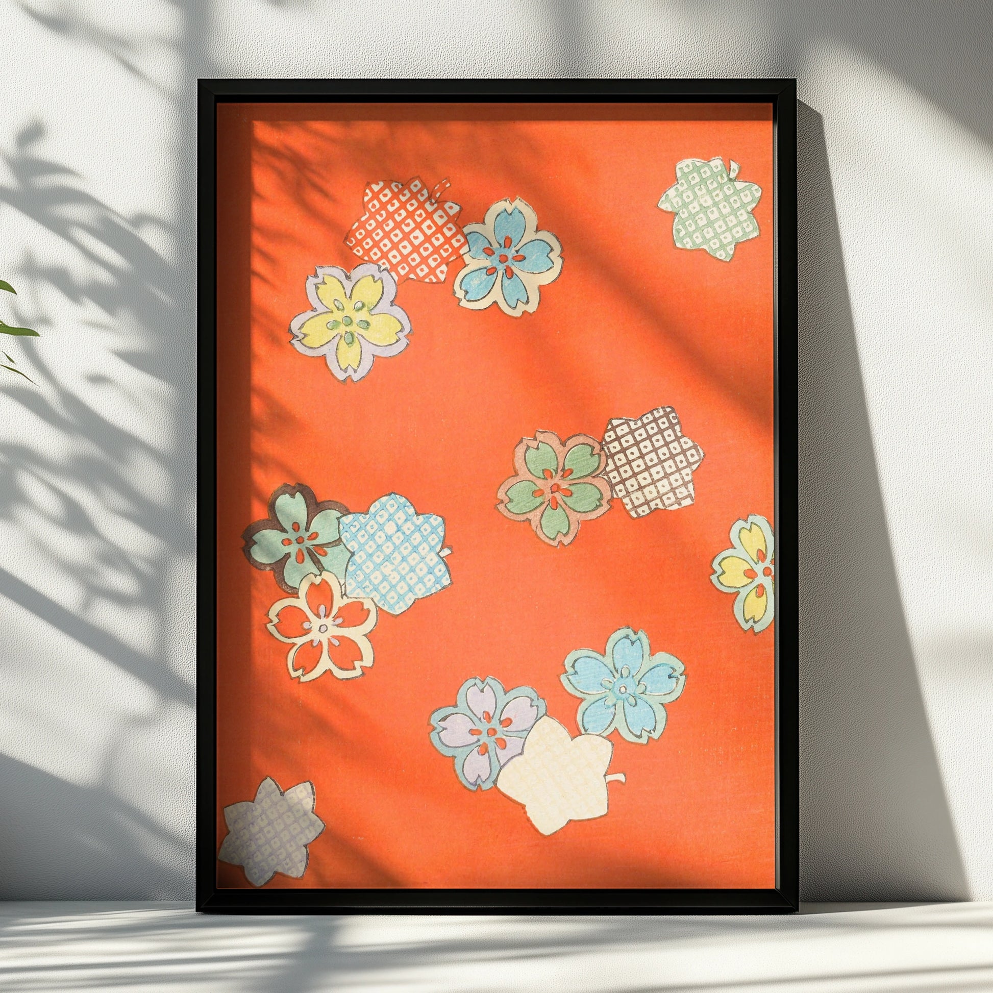 Vintage Japanese Sakura Floral Print, Orange Woodblock Wall Art, Japandi Poster – A4 Black frame