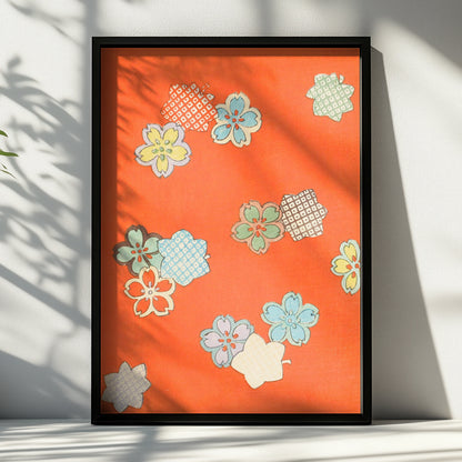 Vintage Japanese Sakura Floral Print, Orange Woodblock Wall Art, Japandi Poster – A4 Black frame