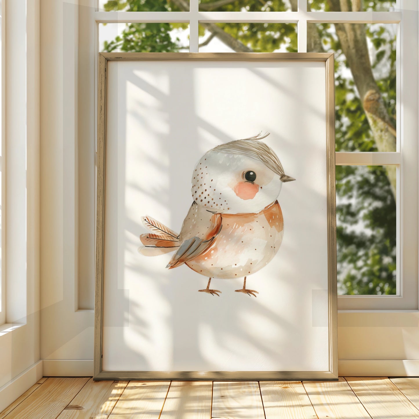 Nursery Bird Wall Art, Cute Watercolour Robin Poster, Baby Room Boho Neutral Decor Print