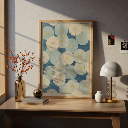 Japanese Botanical Print, Vintage Floral Woodblock Wall Art, Blue Chrysanthemum Japandi Poster – A4 print