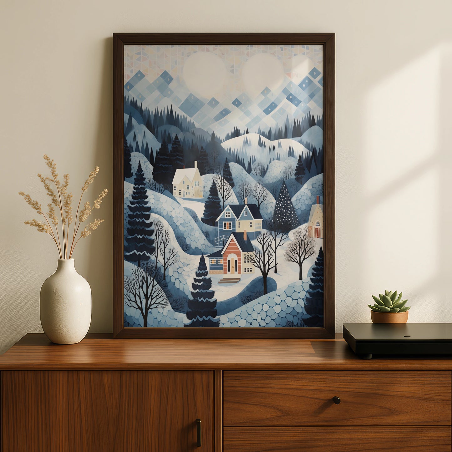 Christmas Winter Village Poster, Snowy Landscape Art Print, Blue Festive Wall Art, Holiday Home