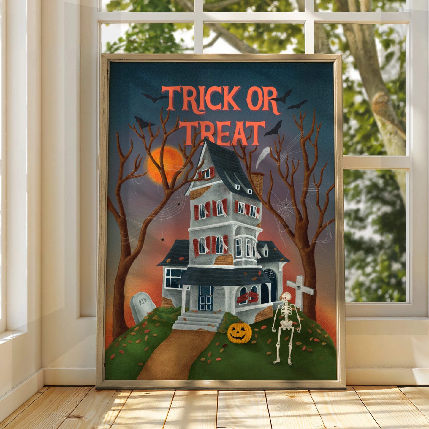 Trick Or Treat Halloween Poster, Haunted House Wall Art, Skeleton Pumpkin Print