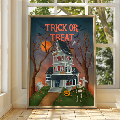 Trick Or Treat Halloween Poster, Haunted House Wall Art, Skeleton Pumpkin Print