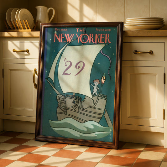 The New Yorker December 1928 Cover Poster, Vintage Sailing Ship New Year Art Print