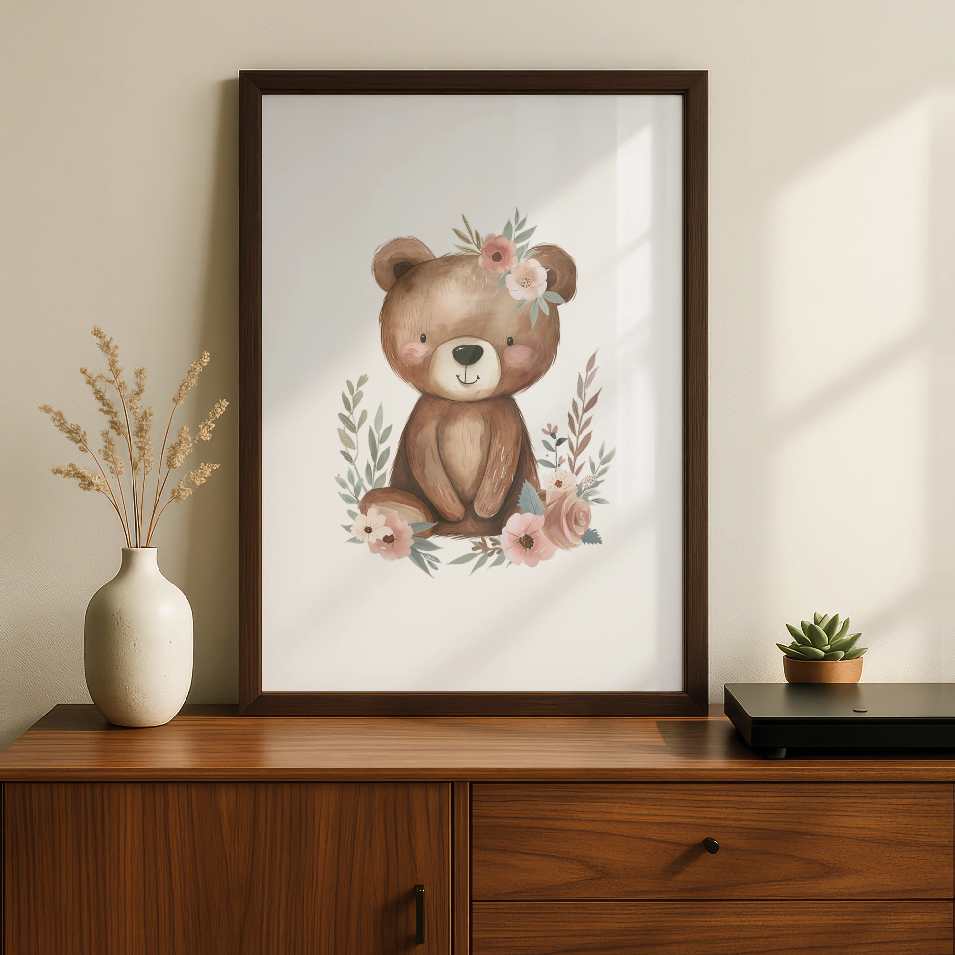Floral Teddy Bear Nursery Wall Art, Baby Girl Poster, Boho Bear Print, Kids Room Decor