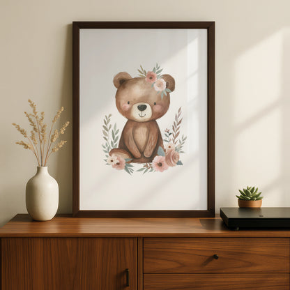 Floral Teddy Bear Nursery Wall Art, Baby Girl Poster, Boho Bear Print, Kids Room Decor