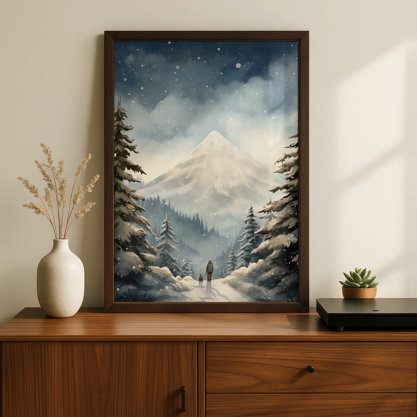 Christmas Winter Mountain Poster, Snowy Forest Walk Dog Print, Festive Wall Art