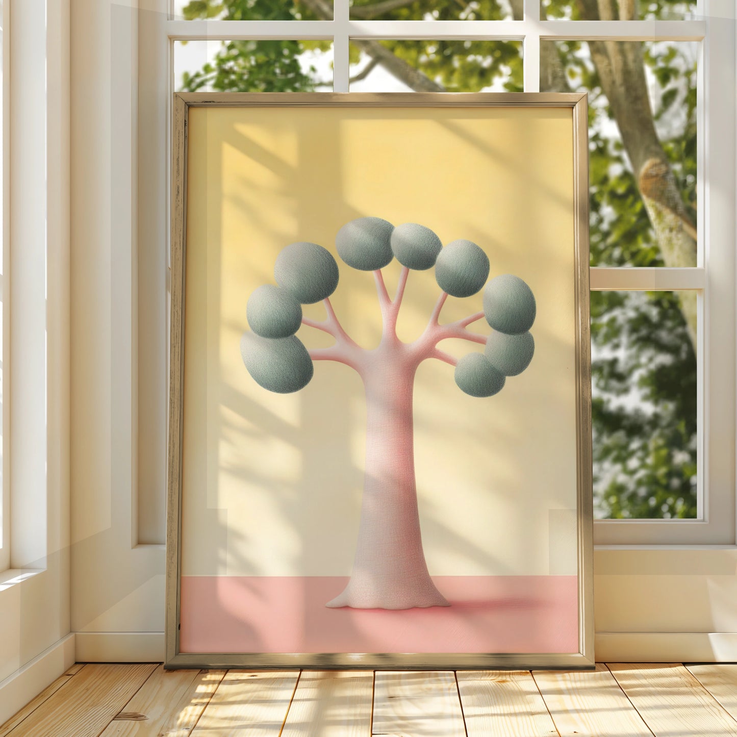 Nursery Tree Wall Art, Pastel Pink Yellow Kids Room Print, Minimalist Baby Decor