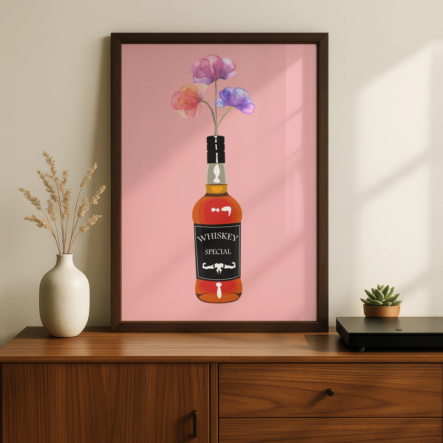 Whiskey Bottle Floral Maximalist Poster, Pink Bar Wall Art, Bold Drinks Print