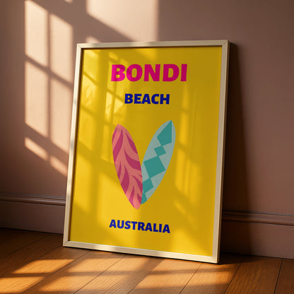 Bondi Beach Australia Travel Poster, Retro Surf Wall Art, Sydney Colourful Print