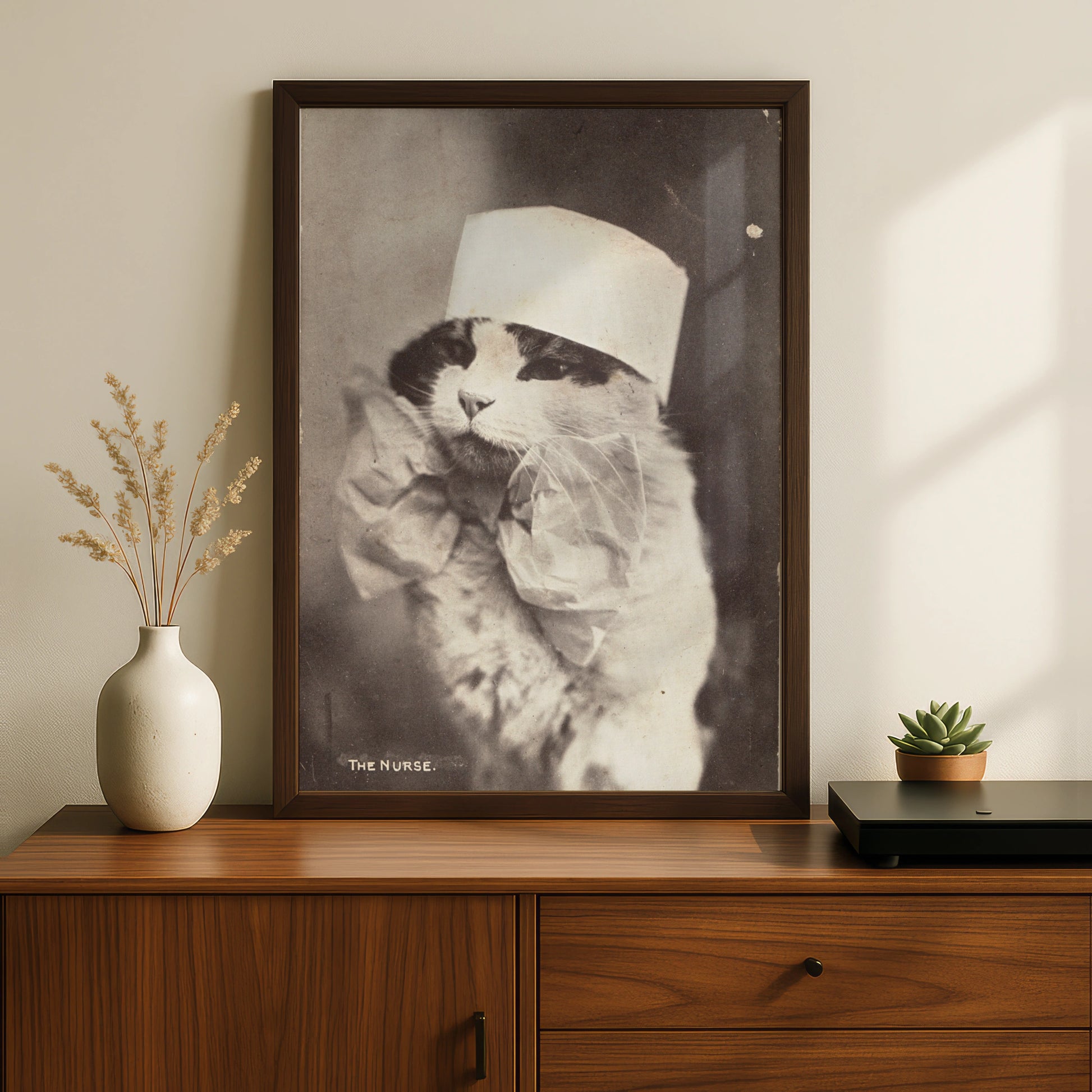 Halloween Cat Nurse Poster, Vintage Sepia Victorian Animal Wall Art Print