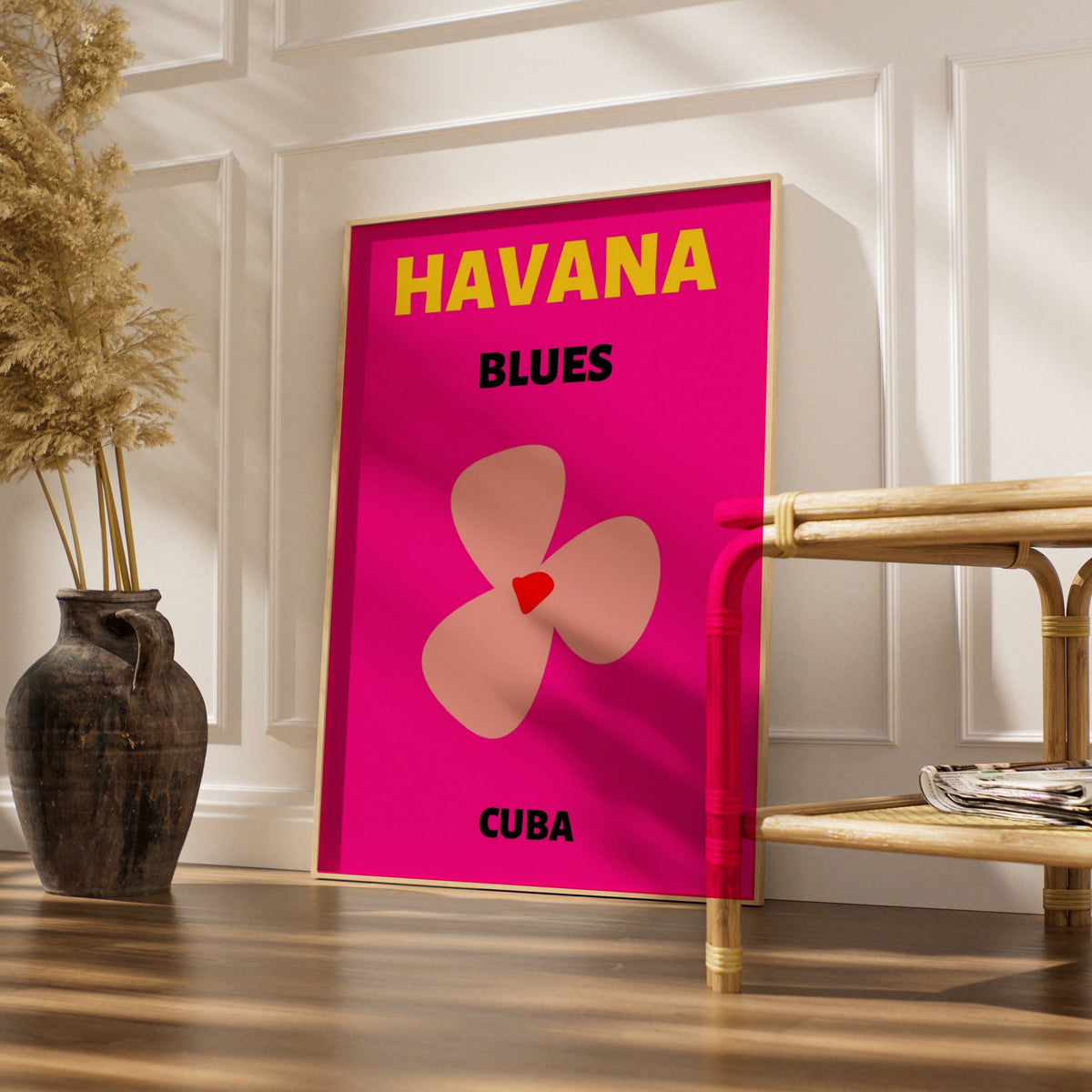 Havana Cuba Travel Poster, Retro Wall Art, Bold Floral Print, Bright Pink Caribbean Decor