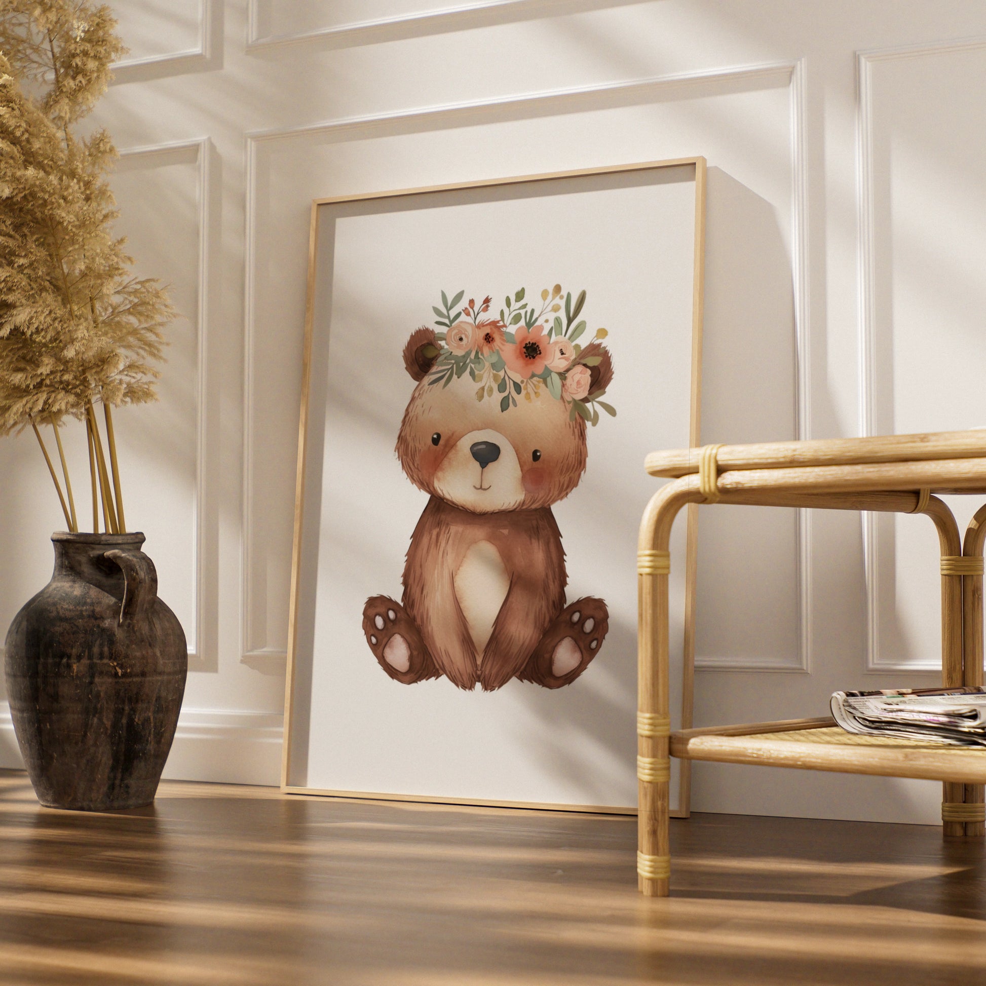 Floral Bear Nursery Wall Art, Watercolour Baby Bear Poster, Woodland Animal Print for Kids Room