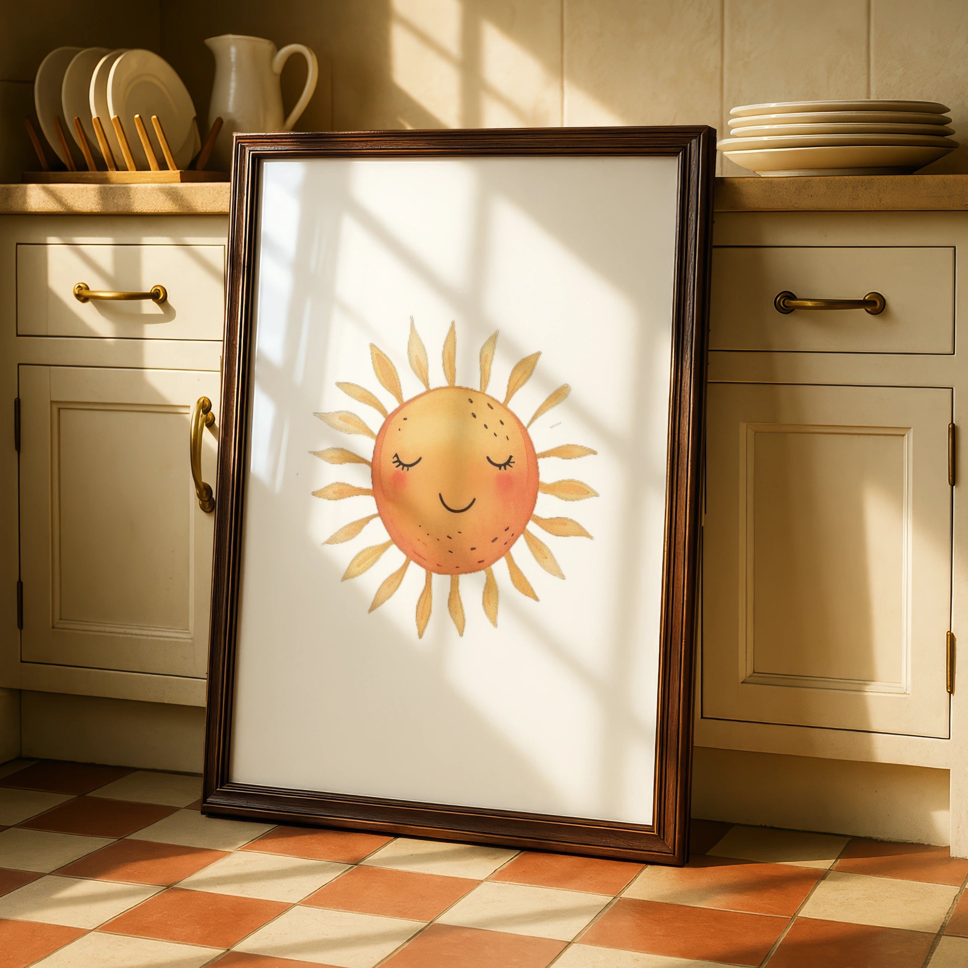 Nursery Sun Wall Art, Cute Smiling Sun Poster, Watercolour Baby Room Print, Kids Decor