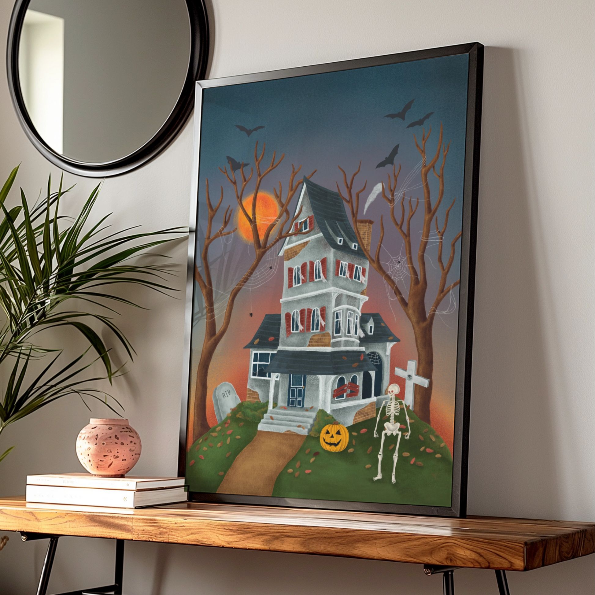 Haunted House Halloween Poster, Spooky Wall Art, Skeleton Pumpkin Bat Print, Gothic Home Decor