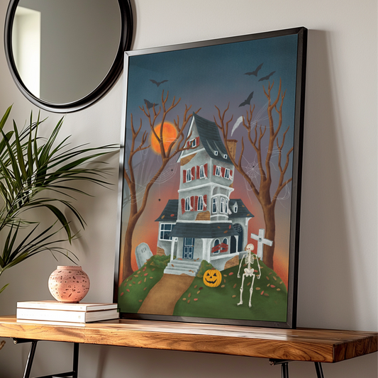 Haunted House Halloween Poster, Spooky Wall Art, Skeleton Pumpkin Bat Print, Gothic Home Decor