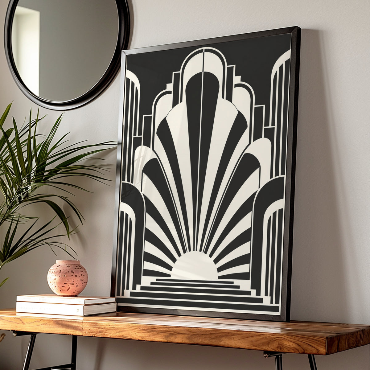 Art Deco Sunburst Poster, Monochrome Wall Art, Black and White Geometric Print — Digital Download