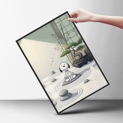 Meditating Cartoon Beagle Zen Garden Poster, Bonsai Wall Art, Sage Green Art Print for Bedroom