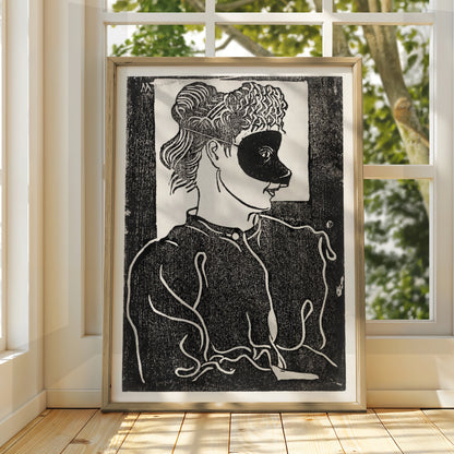 Halloween Masquerade Mask Woman Poster, Black White Woodcut Art Print, Gothic Wall Art