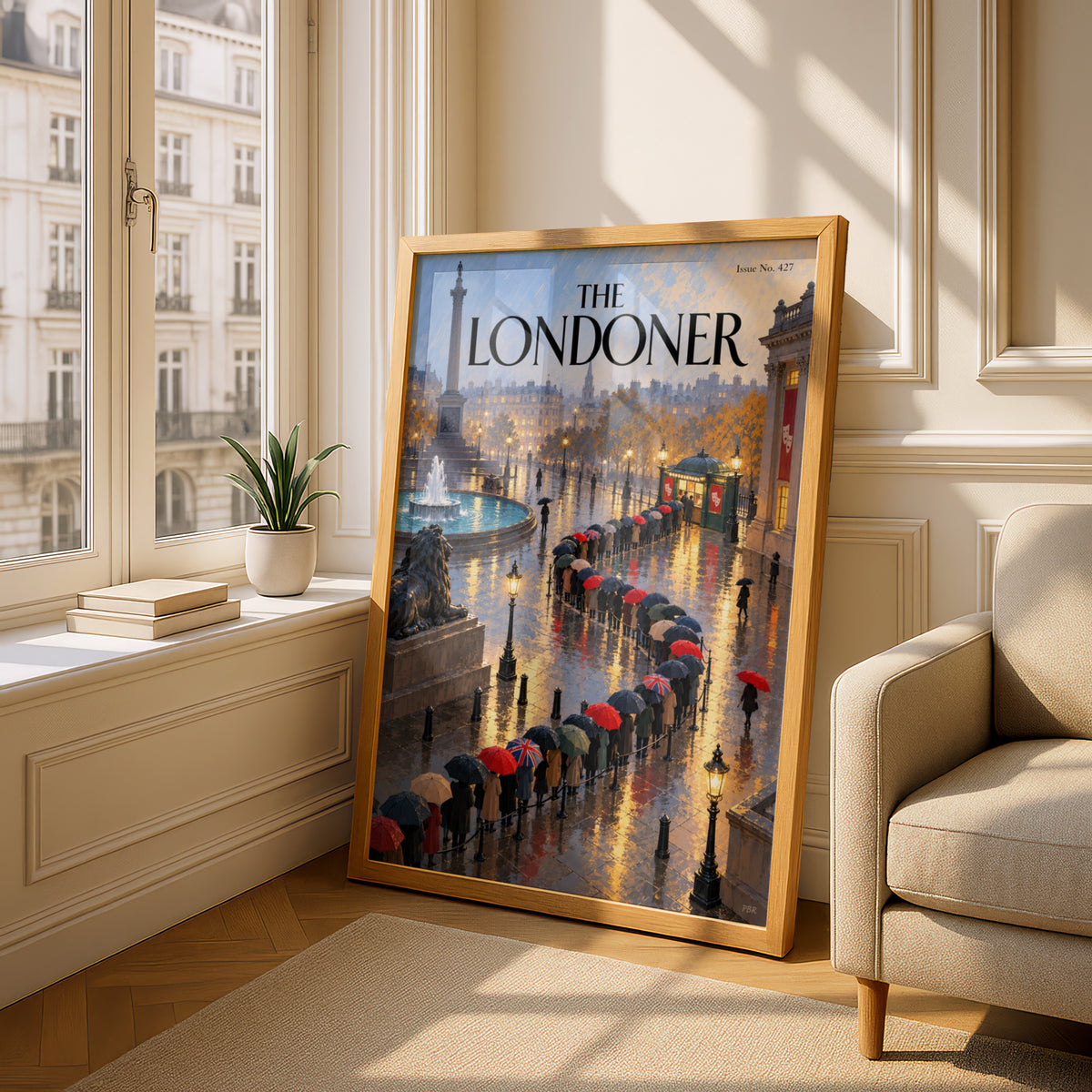 The Londoner Poster, London Wall Art, Trafalgar Square Rainy Evening Art Print, Magazine Cover Style