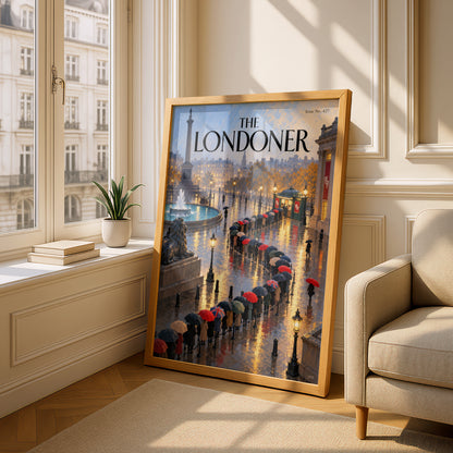 The Londoner Poster, London Wall Art, Trafalgar Square Rainy Evening Art Print, Magazine Cover Style