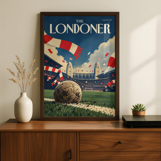 Vintage Football Stadium Poster, Retro Magazine Cover Wall Art Print, Red White Scarves Sports Decor