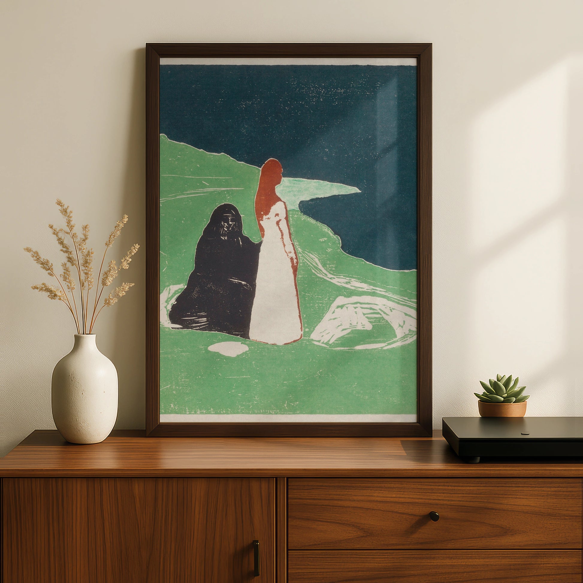Halloween Gothic Art Print, Edvard Munch Style Poster, Dark Figure Wall Art, Spooky Women Shore
