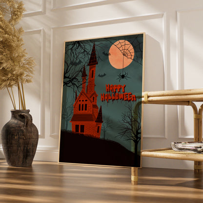Happy Halloween Haunted House Poster, Spooky Castle Full Moon Bat Spider Wall Art