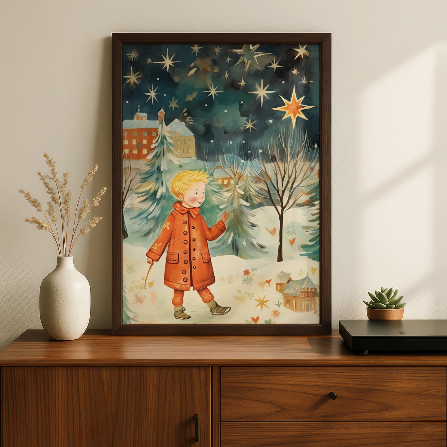 Christmas Poster Boy in Snow, Festive Winter Stars Wall Art, Whimsical Holiday Print for Kids