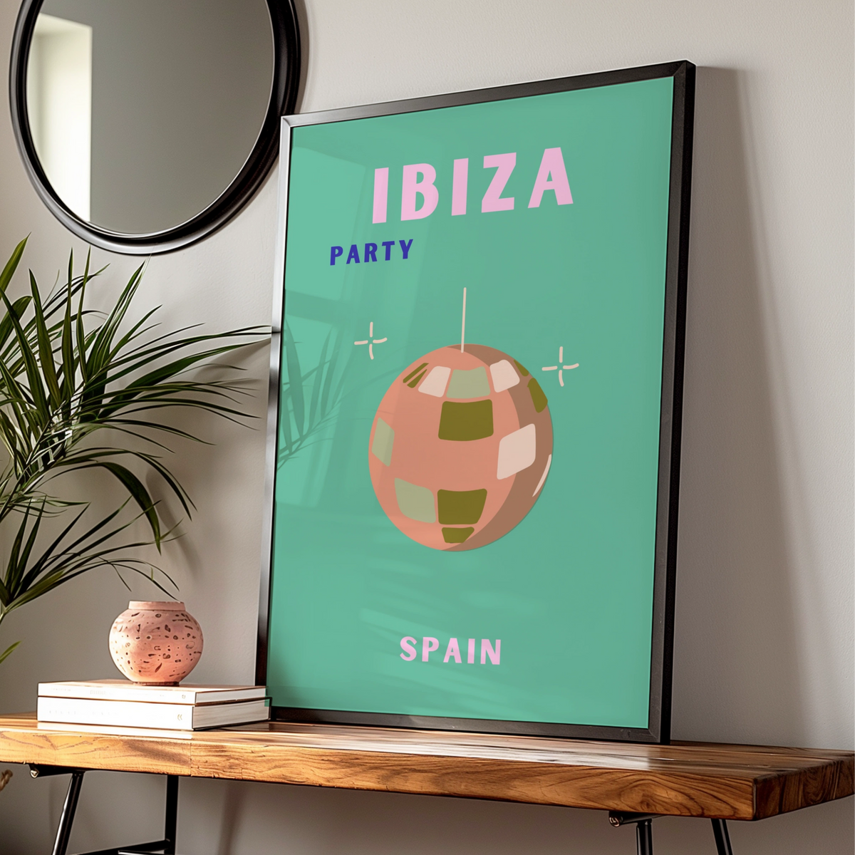 Ibiza Party Travel Poster, Spain Wall Art, Retro Disco Ball Print, Colourful Holiday Poster