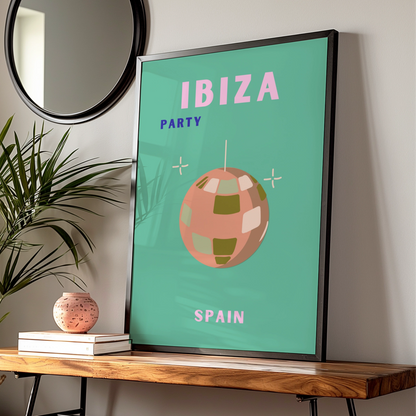 Ibiza Party Travel Poster, Spain Wall Art, Retro Disco Ball Print, Colourful Holiday Poster