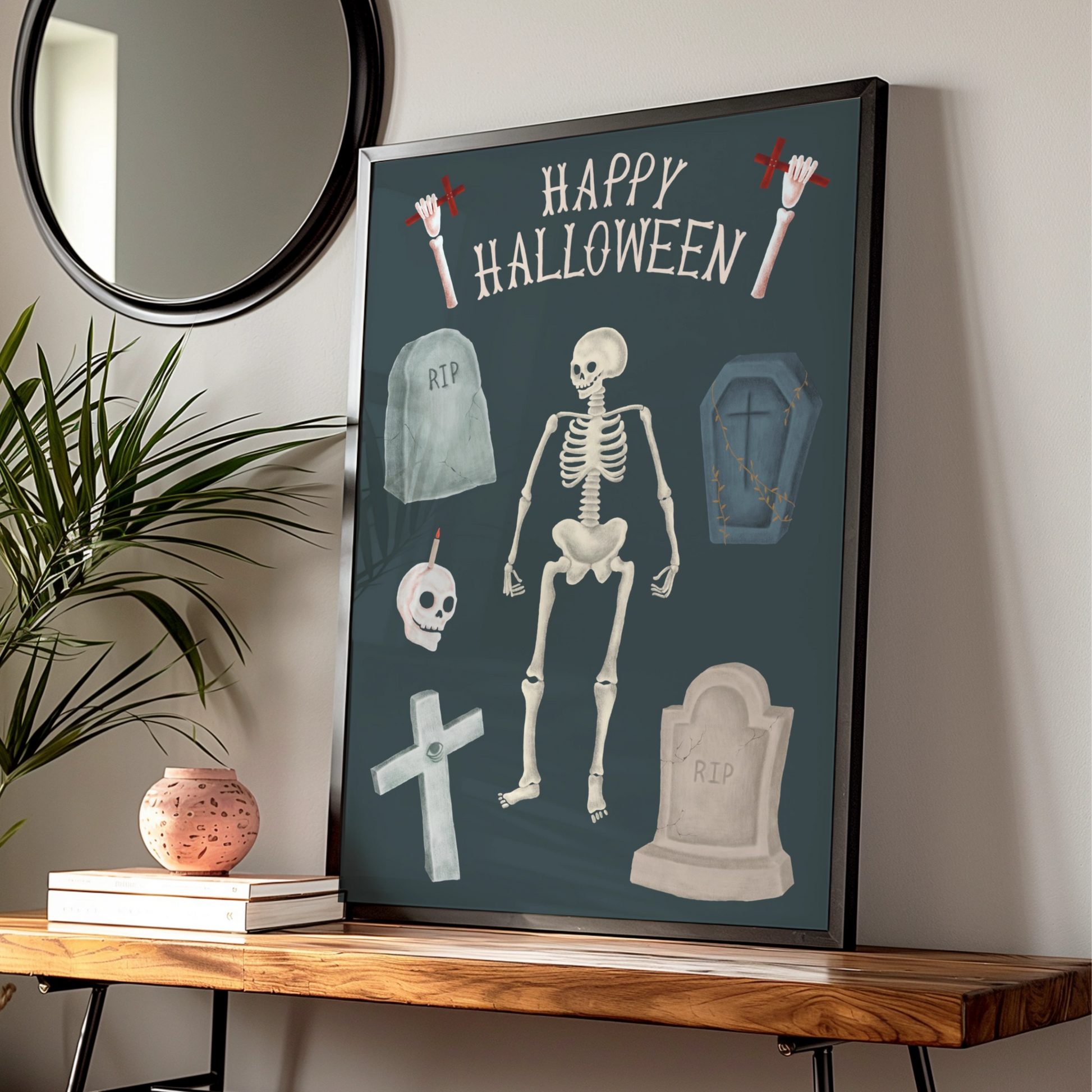 Happy Halloween Skeleton Poster, Spooky Graveyard Wall Art, Skull Coffin RIP Print