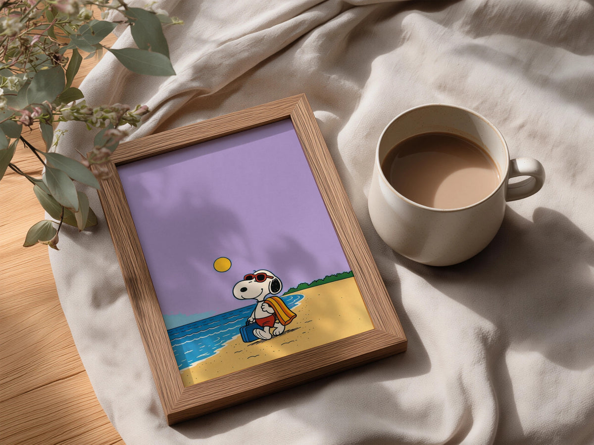 Cartoon Dog Beach Poster, Lavender Seaside Wall Art, Kids Room Art Print