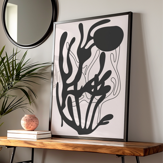 Henri Matisse Inspired Black Abstract Botanical Poster, Organic Shapes Wall Art Print