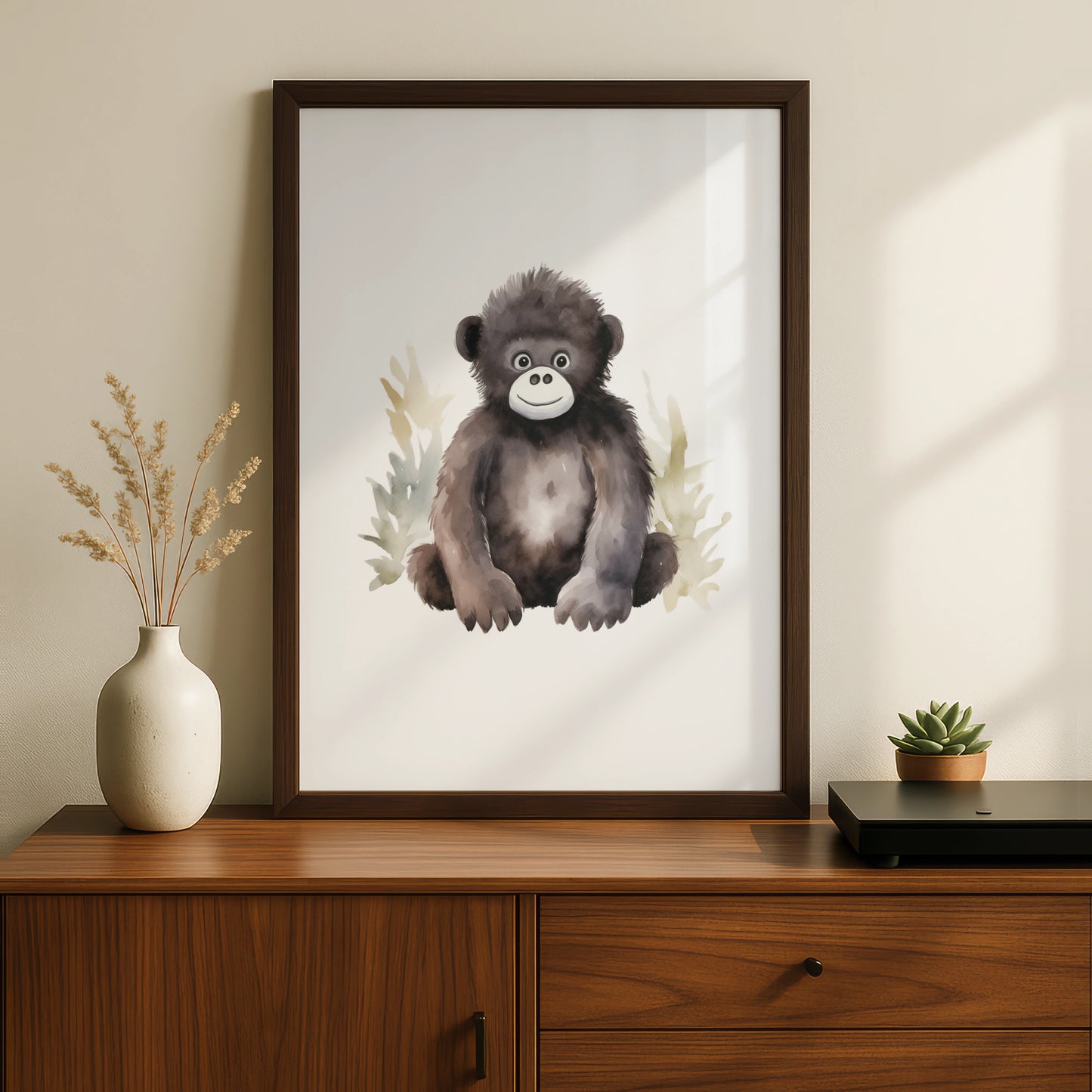 Baby Gorilla Nursery Wall Art, Cute Watercolour Animal Print, Kids Room Poster