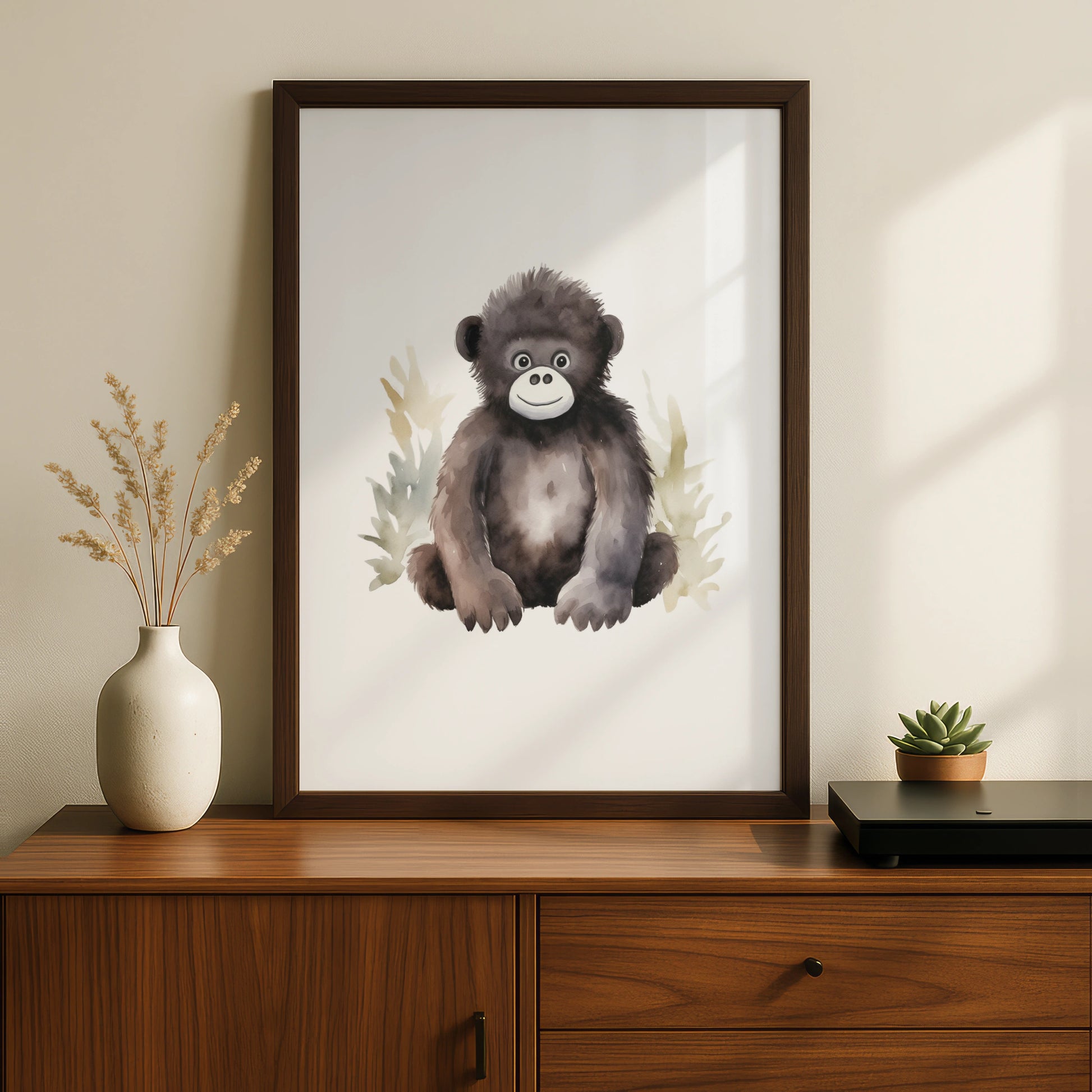 Baby Gorilla Nursery Wall Art, Cute Watercolour Animal Print, Kids Room Poster