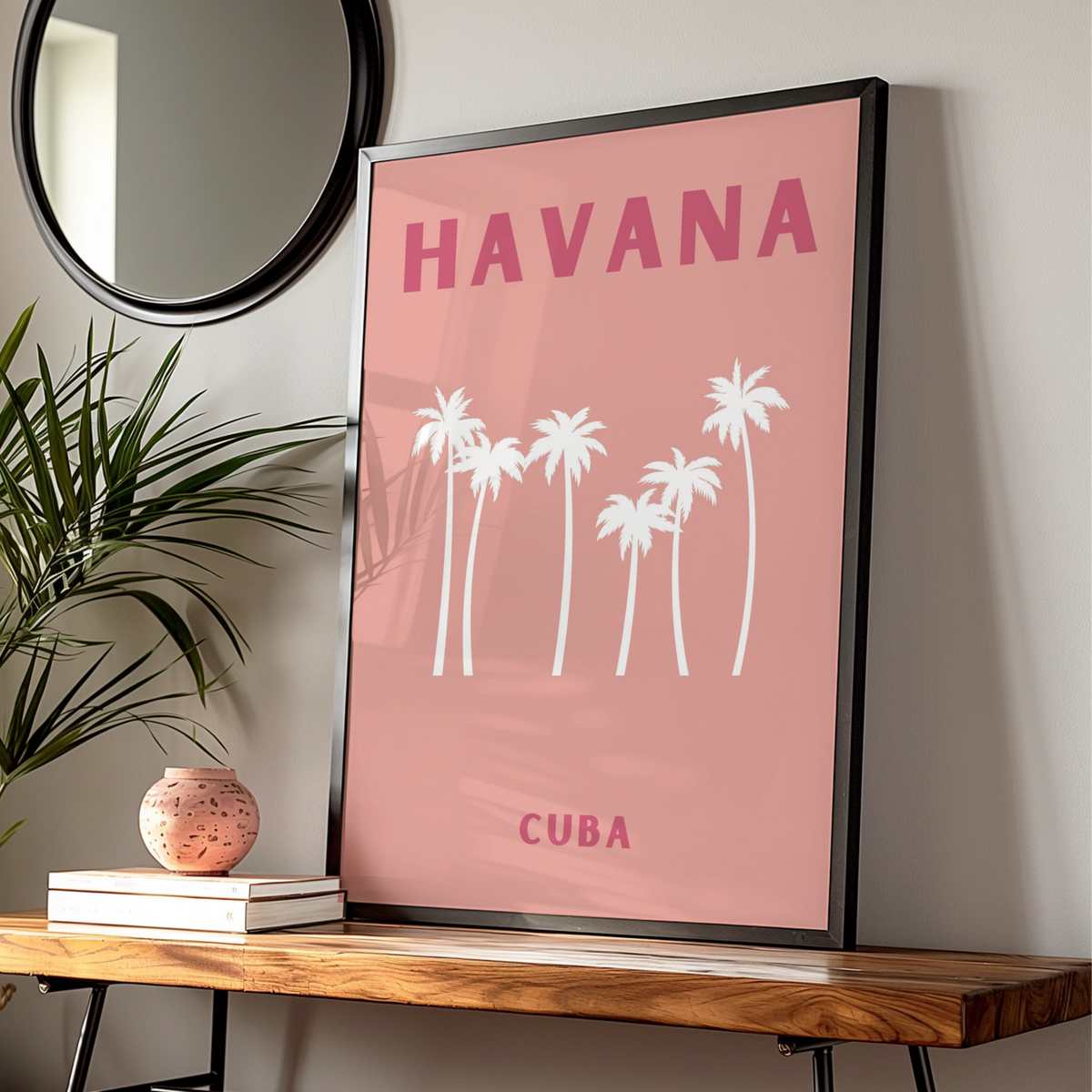 Havana Cuba Travel Poster, Retro Palm Tree Wall Art, Pink Tropical Print