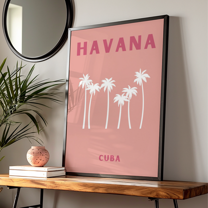 Havana Cuba Travel Poster, Retro Palm Tree Wall Art, Pink Tropical Print