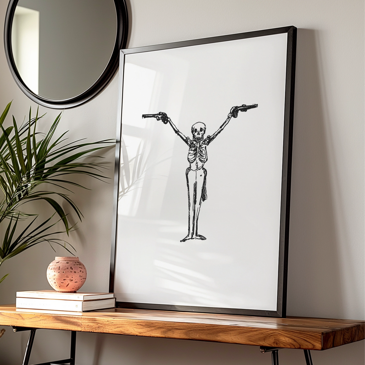 Skeleton With Guns Halloween Wall Art, Spooky Black White Skull Poster, Gothic Halloween Print