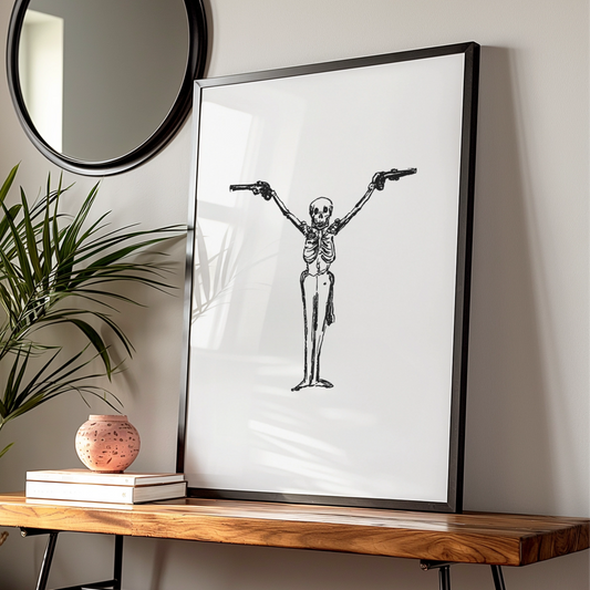 Skeleton With Guns Halloween Wall Art, Spooky Black White Skull Poster, Gothic Halloween Print