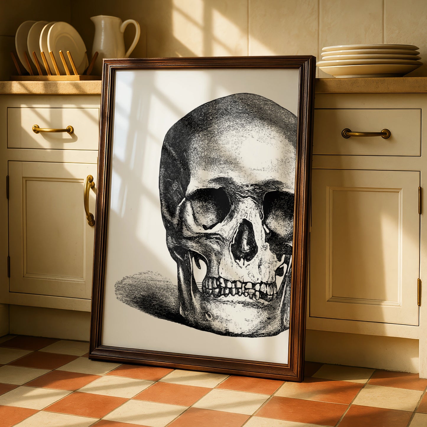 Halloween Skull Poster, Gothic Black White Skull Wall Art, Vintage Engraving Print