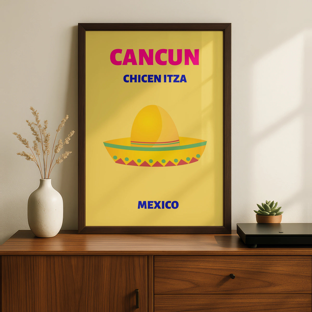 Cancun Mexico Travel Poster, Chichen Itza Wall Art, Retro Mexican Print, Bold Colourful Decor
