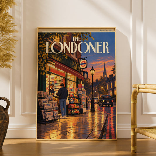 The Londoner Poster, London Street Wall Art, Corner Shop at Dusk, Vintage Magazine Cover Art Print