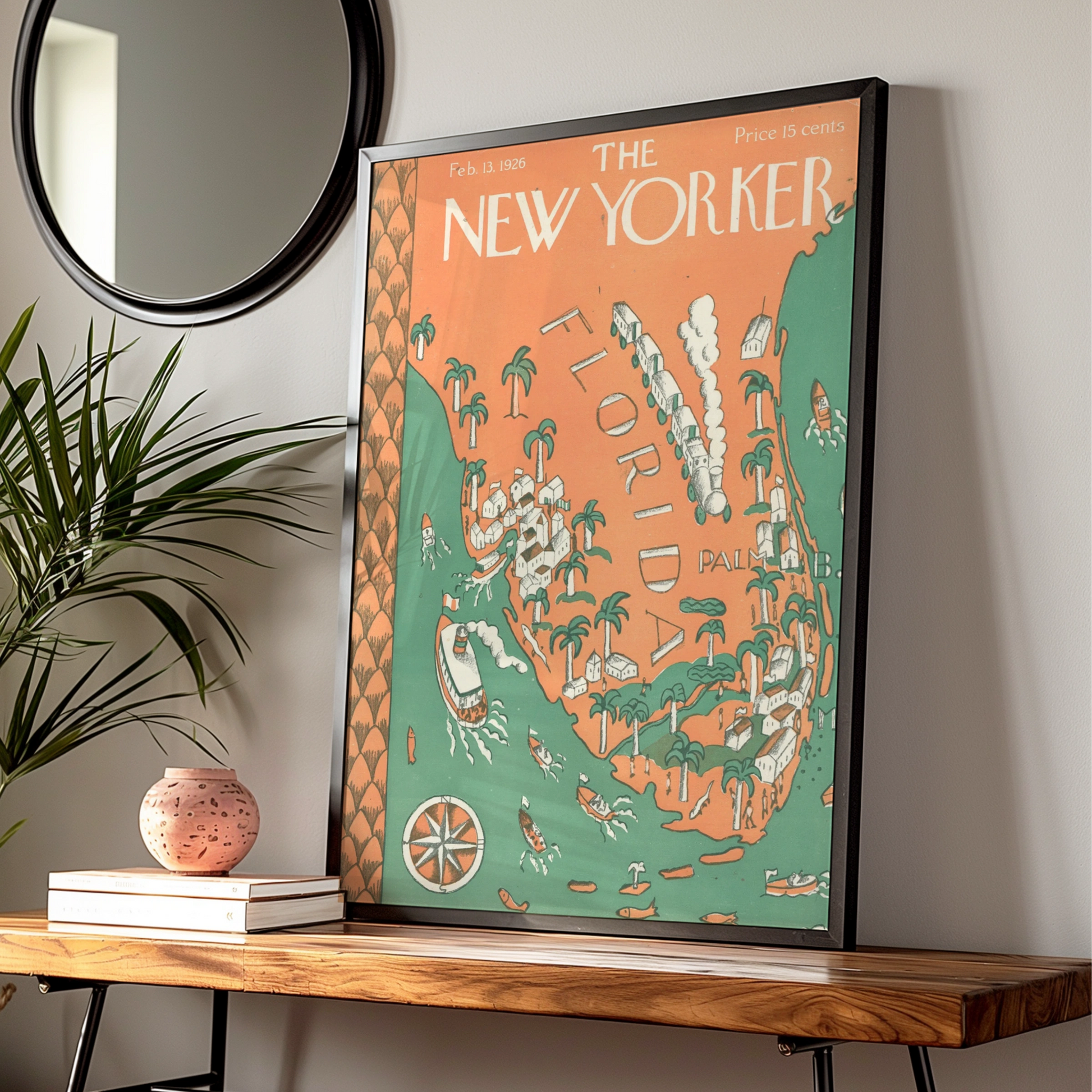 The New Yorker 1926 Florida Map Poster, Vintage Travel Wall Art, Palm Beach Print